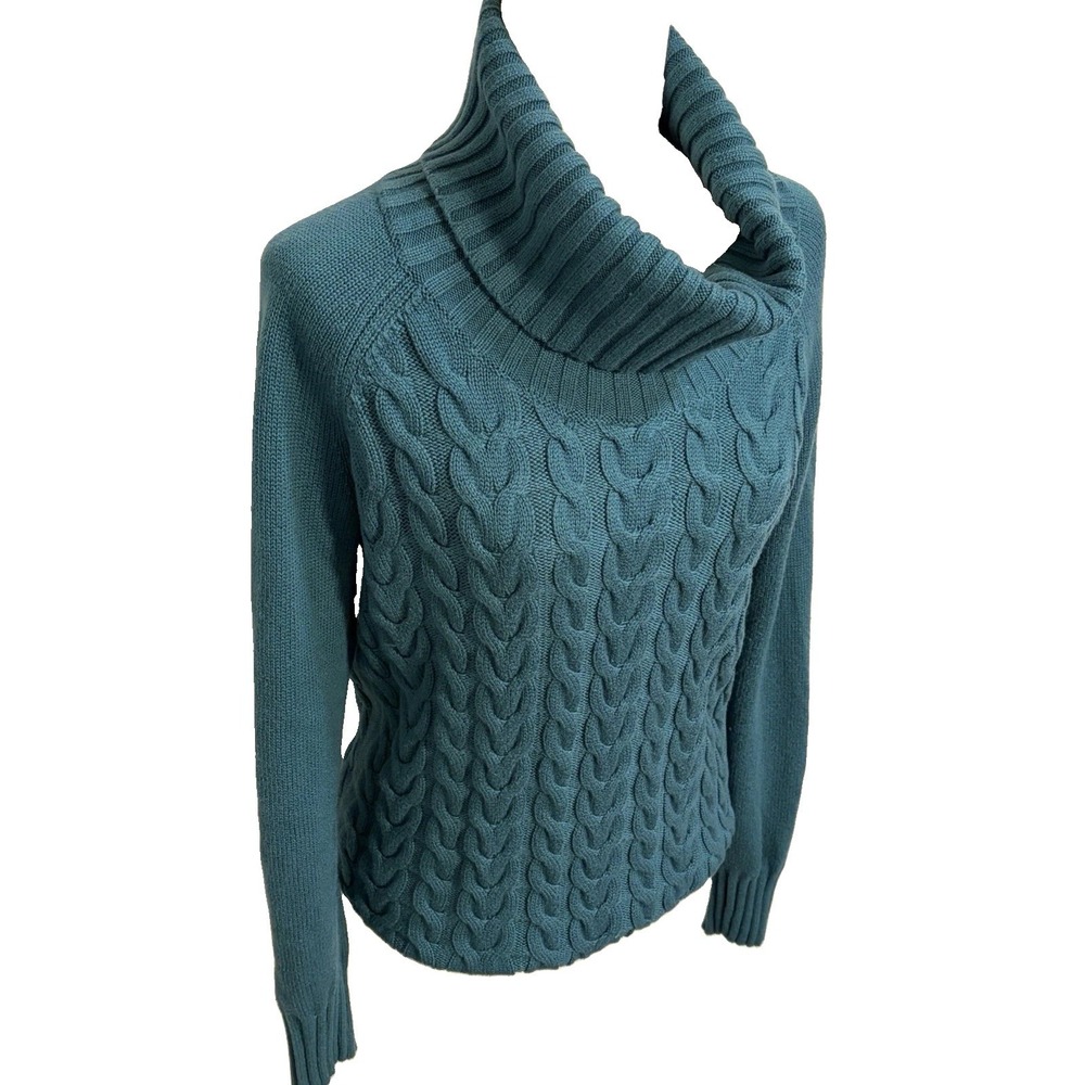 Banana Republic Teal Wool Blend Cable Knit Chunky Sweater Womens M Turtleneck